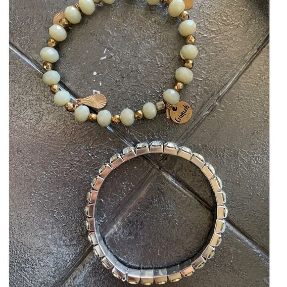 Erimish Beaded Bracelet and Clear Crystal Bracelet SET of 2 Stretch, Stamped - Picture 5 of 5